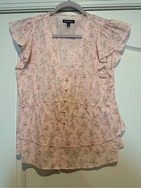 Light Pink Floral Button-Front Ruffle Sleeve Blouse - Petite